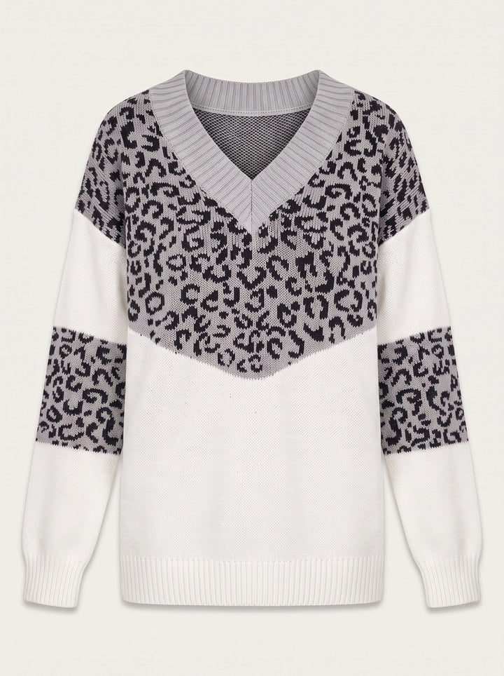 Leopari V-Neck Leopard Print Sweater – Oversized Knit Sweater Women Casual Pullover Animal Print Top