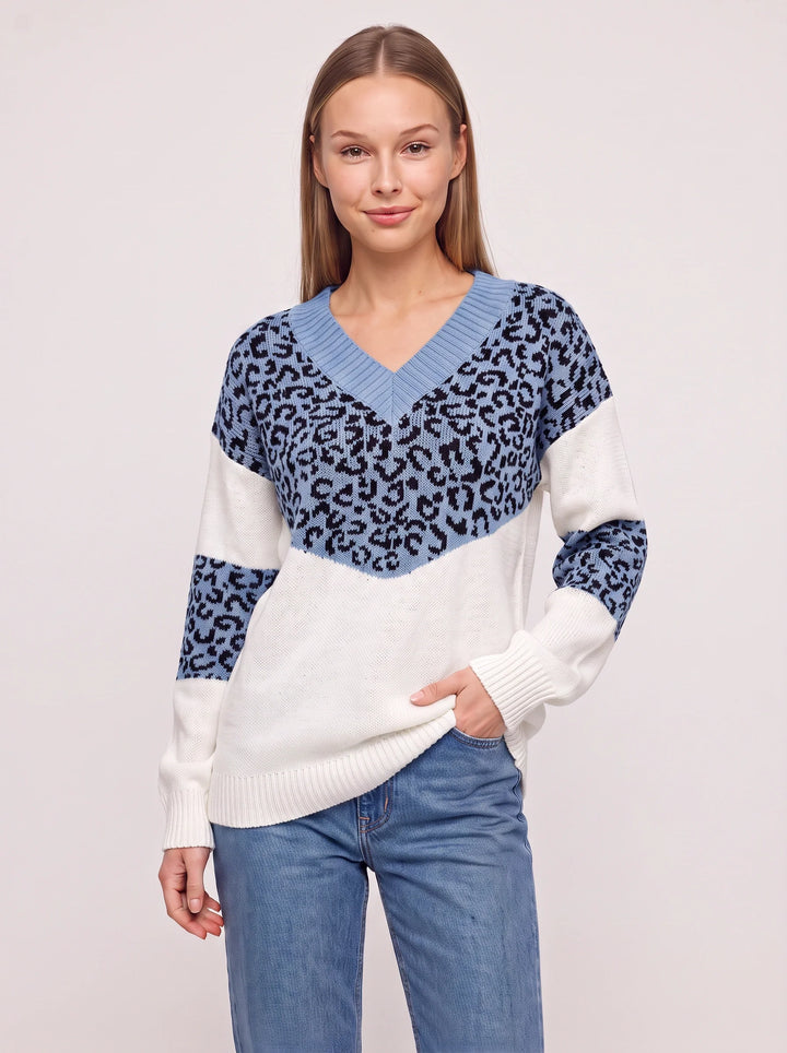 Leopari V-Neck Leopard Print Sweater – Oversized Knit Sweater Women Casual Pullover Animal Print Top