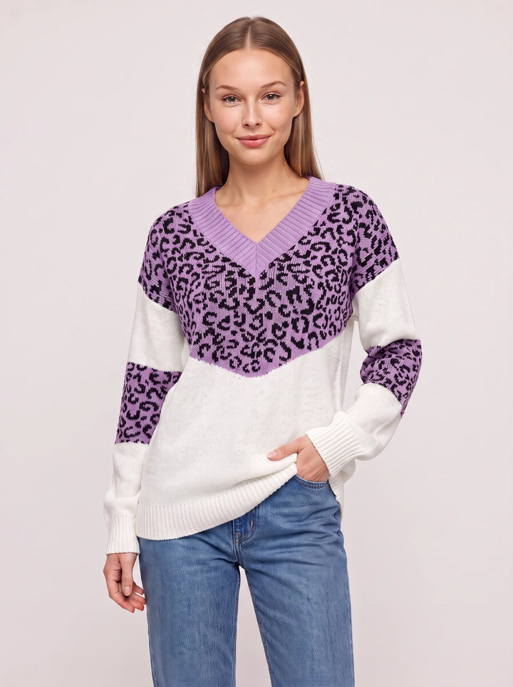 Leopari V-Neck Leopard Print Sweater – Oversized Knit Sweater Women Casual Pullover Animal Print Top