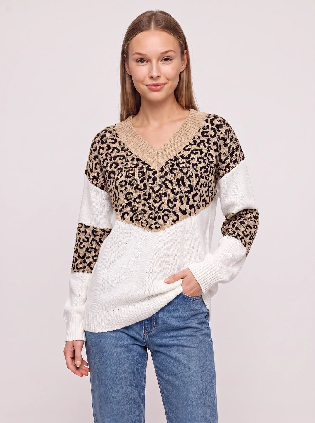 Leopari V-Neck Leopard Print Sweater – Oversized Knit Sweater Women Casual Pullover Animal Print Top