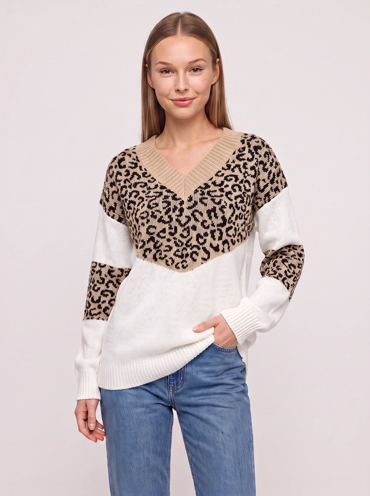 Leopari V-Neck Leopard Print Sweater – Oversized Knit Sweater Women Casual Pullover Animal Print Top