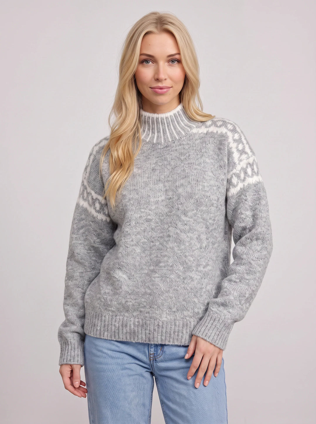 Nordra Fair Isle Mock Neck Sweater – Cable Knit Sweater Women Oversized Chunky Pullover Jumper