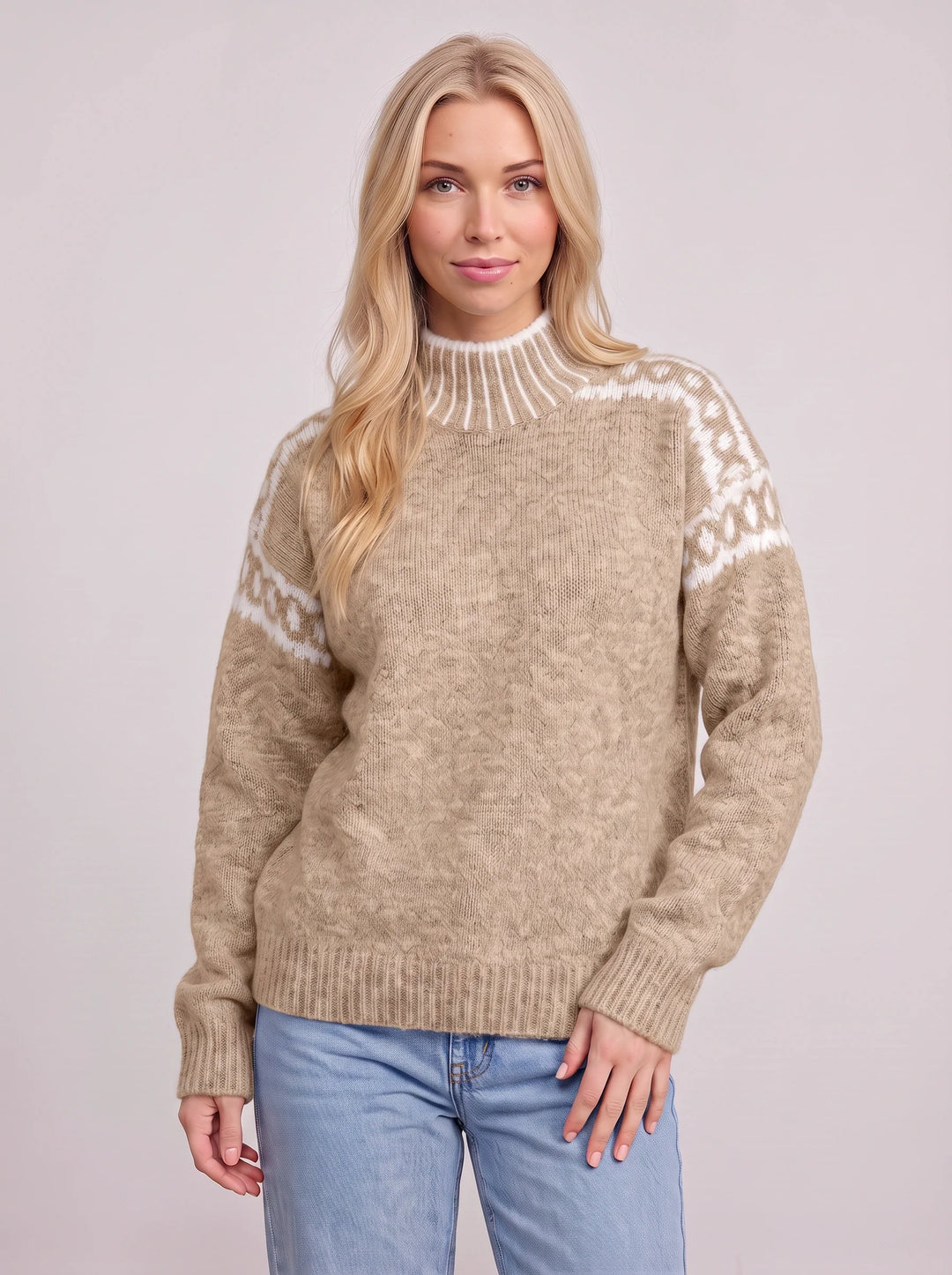 Nordra Fair Isle Mock Neck Sweater – Cable Knit Sweater Women Oversized Chunky Pullover Jumper