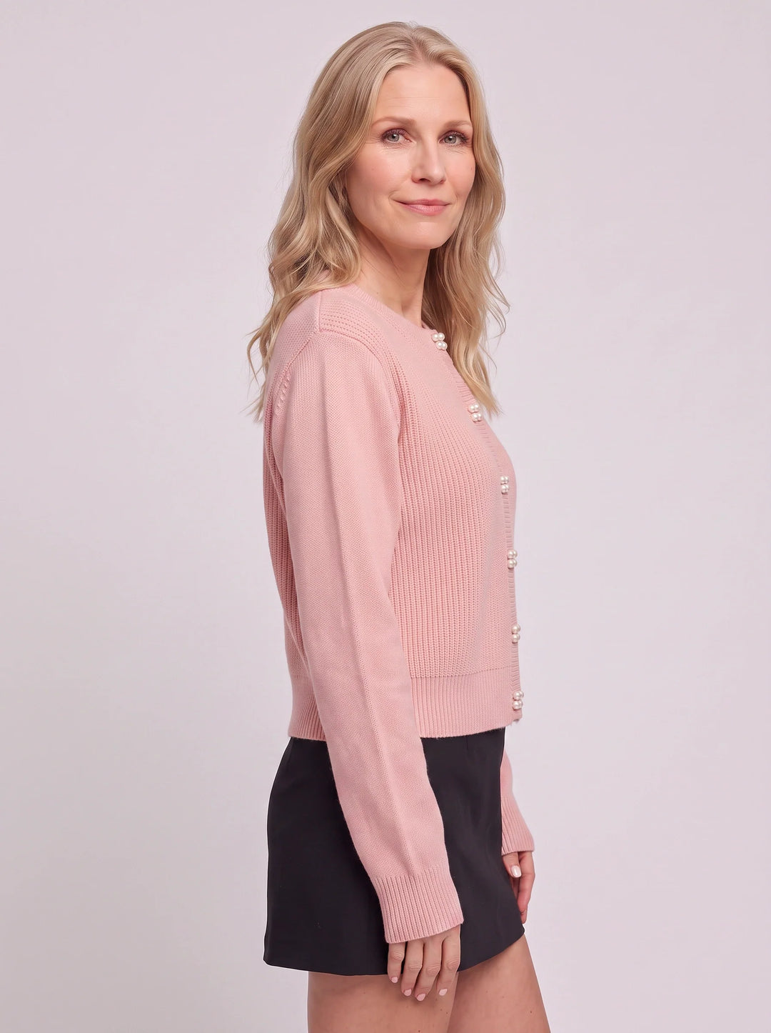 Perlina Pearl Button Ribbed Knit Cardigan – Women Cropped Sweater Preppy Winter Vintage Cardigan