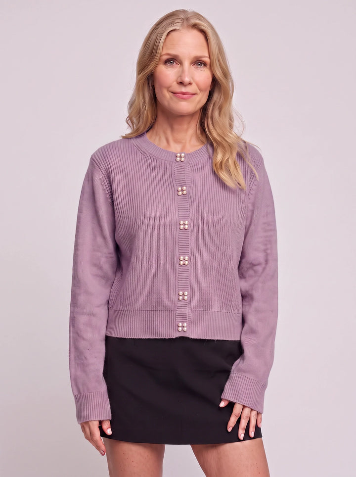 Perlina Pearl Button Ribbed Knit Cardigan – Women Cropped Sweater Preppy Winter Vintage Cardigan