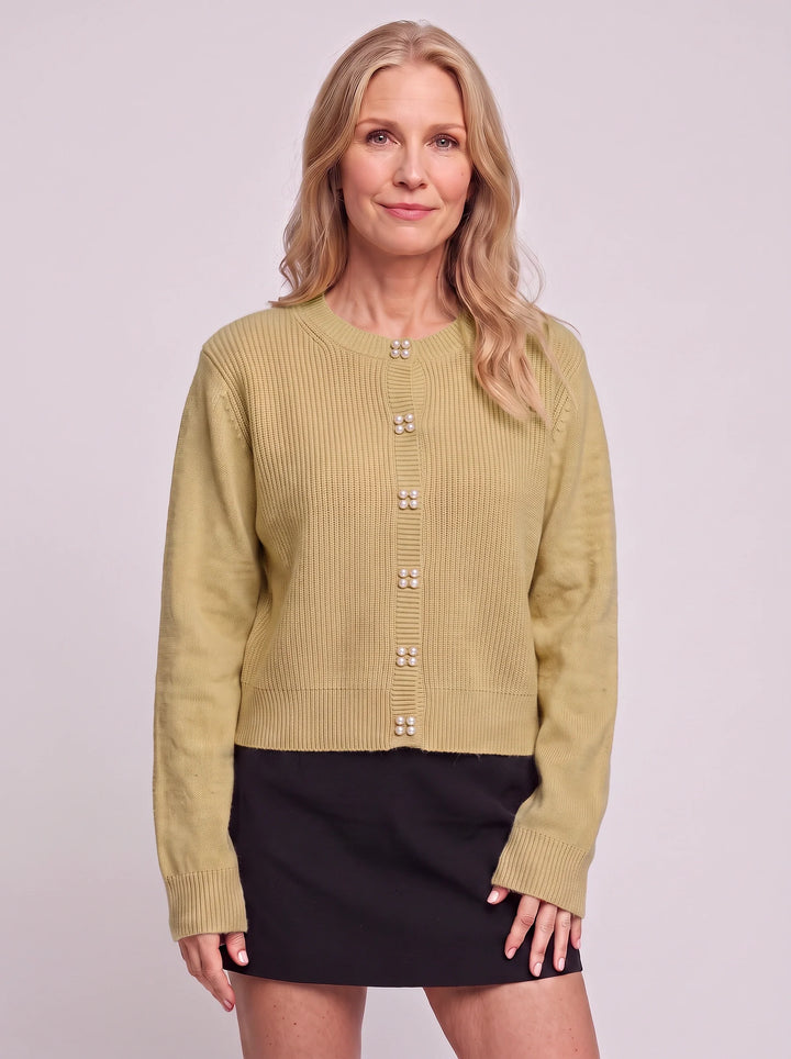 Perlina Pearl Button Ribbed Knit Cardigan – Women Cropped Sweater Preppy Winter Vintage Cardigan