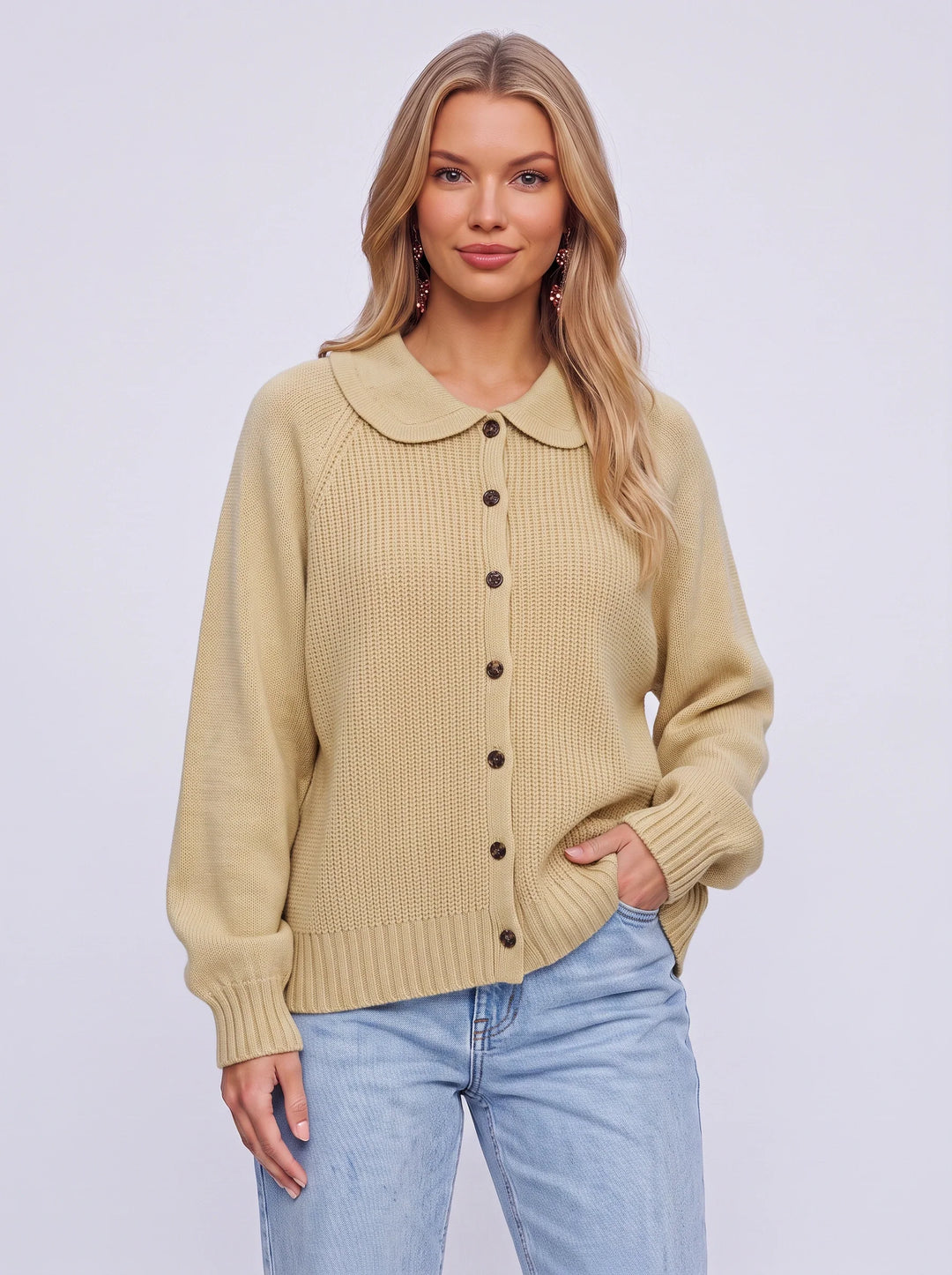 Colletto Button-Front Knit Cardigan – Women Cozy Chunky Peter Pan Collar Sweater Winter Casual