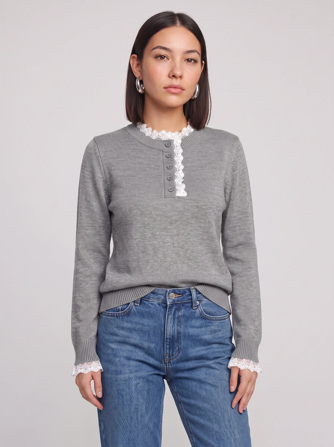 Women's Lace Trim Ribbed Henley Button Knit Sweater