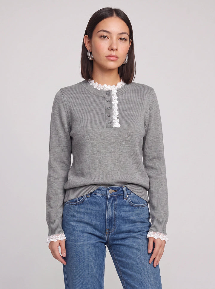 Women's Lace Trim Ribbed Henley Button Knit Sweater