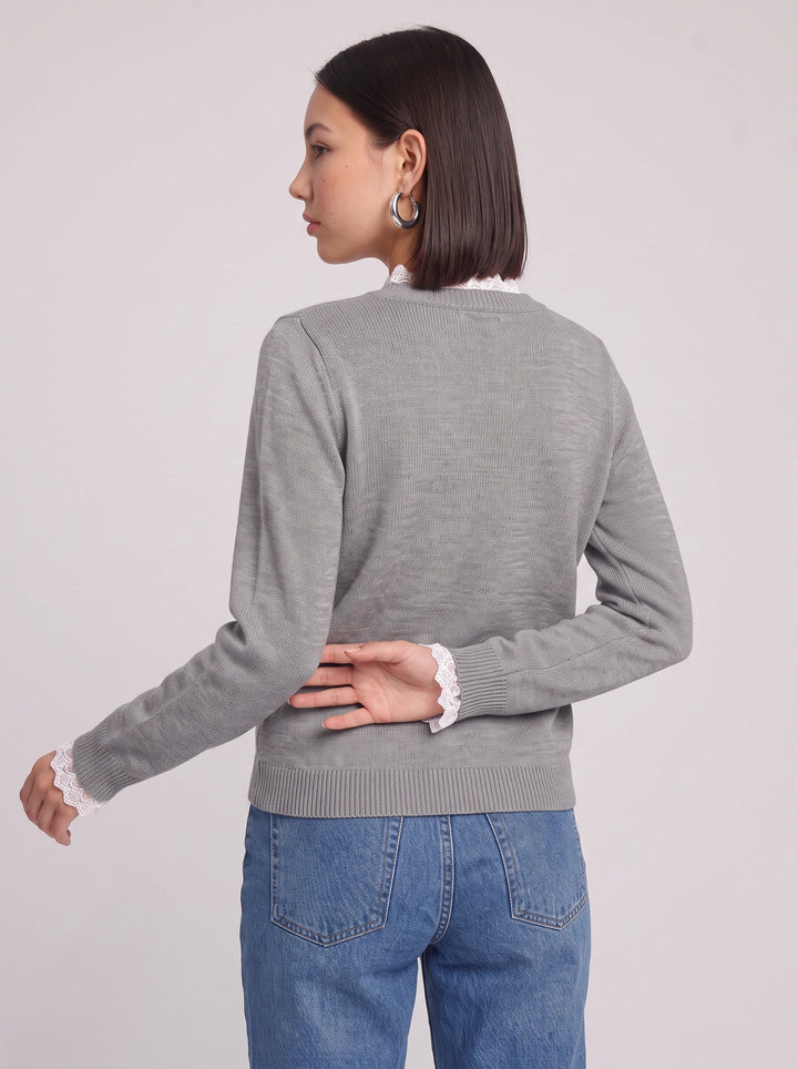 Women's Lace Trim Ribbed Henley Button Knit Sweater
