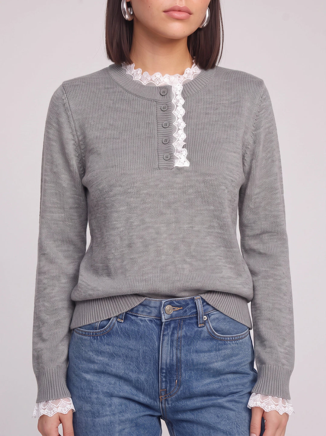 Women's Lace Trim Ribbed Henley Button Knit Sweater