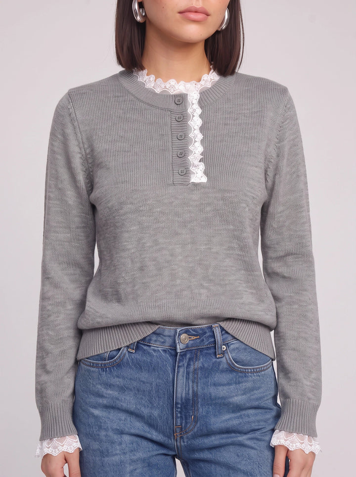 Women's Lace Trim Ribbed Henley Button Knit Sweater