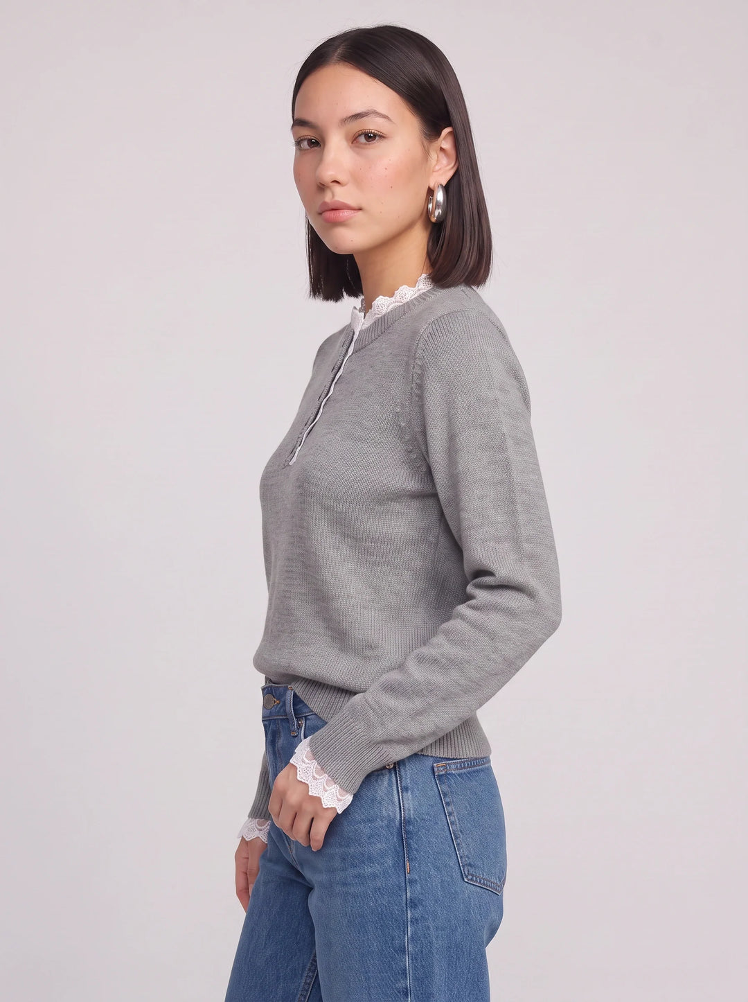 Women's Lace Trim Ribbed Henley Button Knit Sweater