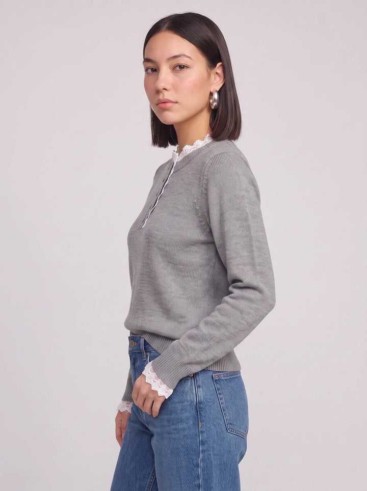 Women's Lace Trim Ribbed Henley Button Knit Sweater