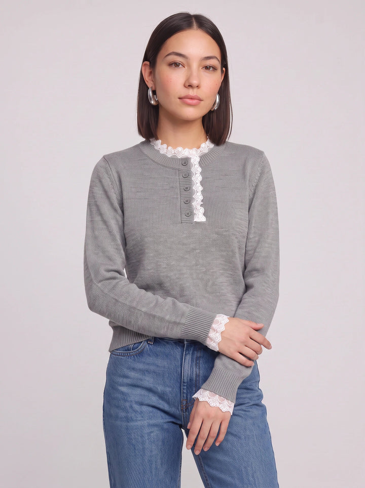 Women's Lace Trim Ribbed Henley Button Knit Sweater