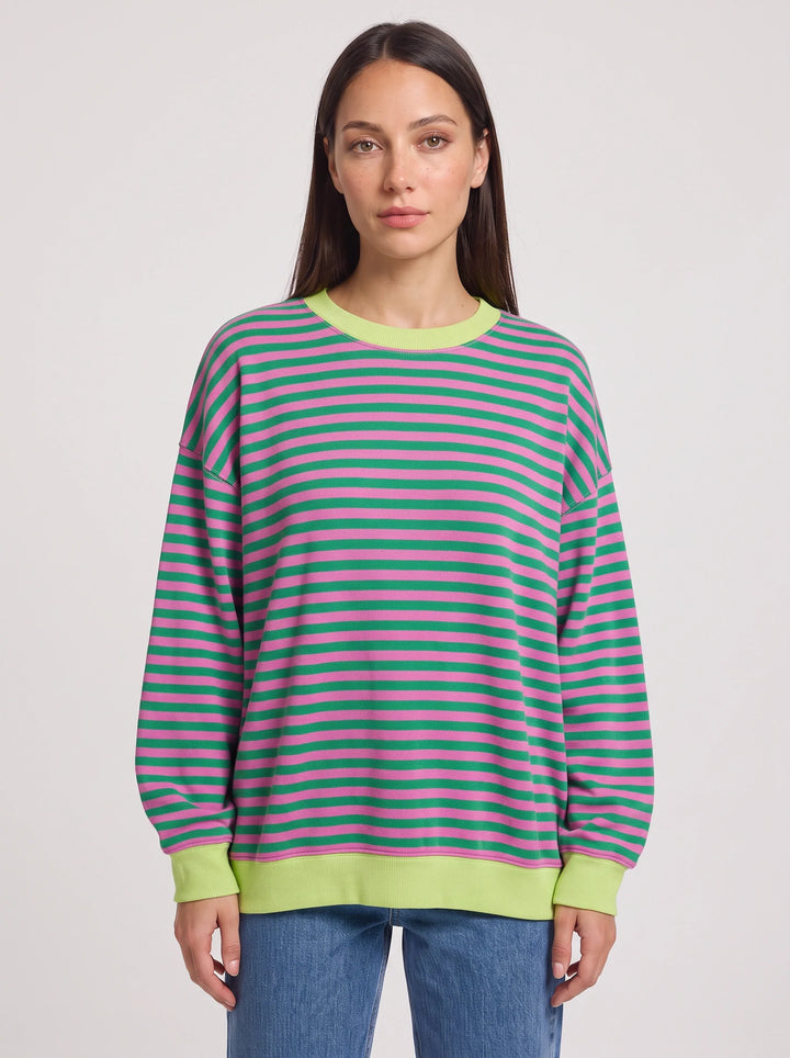 Rayet Striped Oversized Crew Neck Sweater – Women Retro Streetwear Casual Lounge Crewneck Sweatshirt