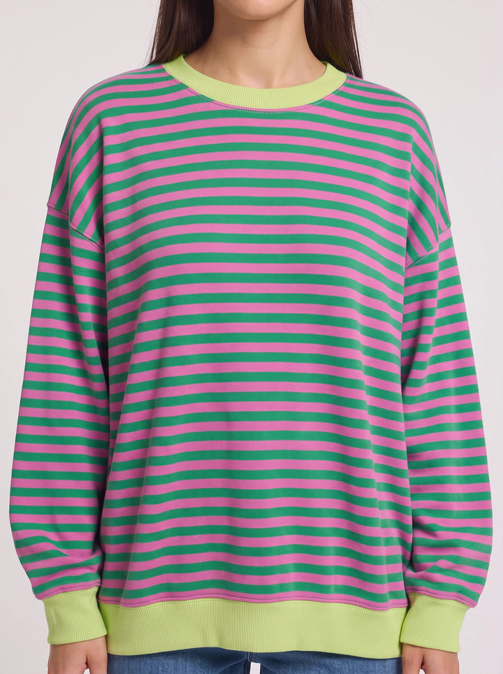 Rayet Striped Oversized Crew Neck Sweater – Women Retro Streetwear Casual Lounge Crewneck Sweatshirt
