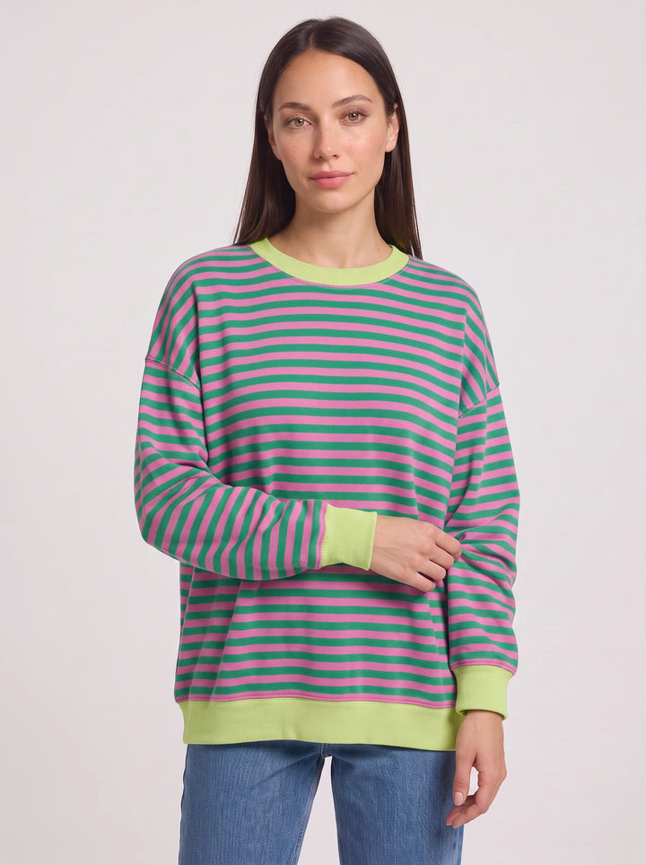 Rayet Striped Oversized Crew Neck Sweater – Women Retro Streetwear Casual Lounge Crewneck Sweatshirt