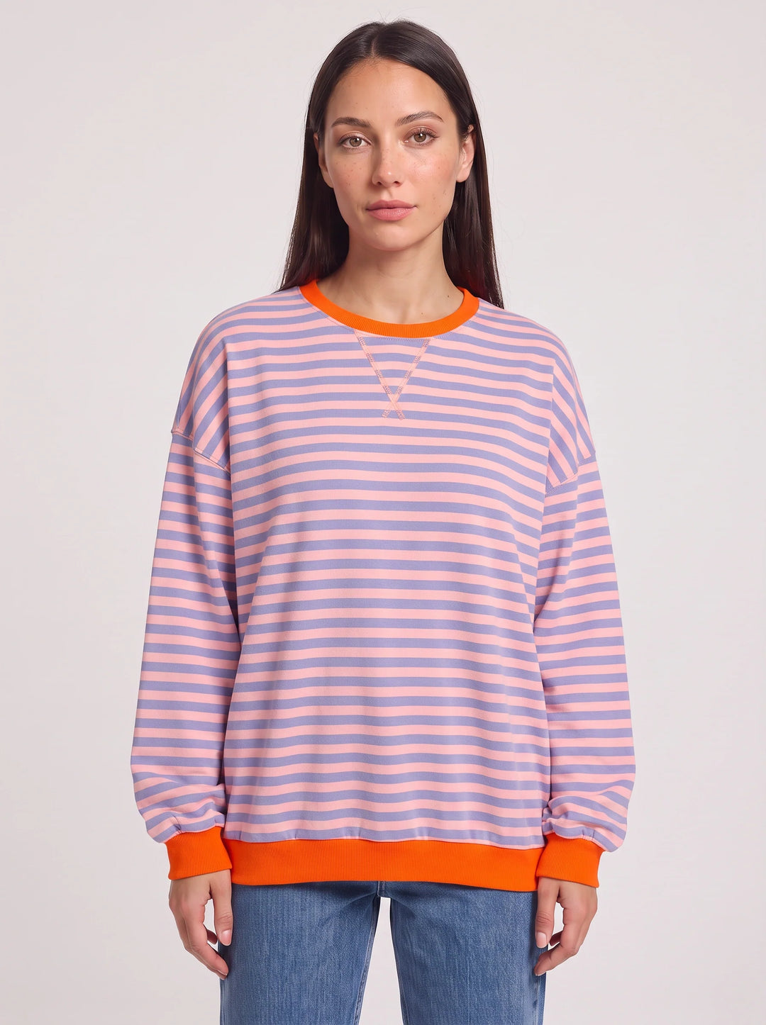 Rayet Striped Oversized Crew Neck Sweater – Women Retro Streetwear Casual Lounge Crewneck Sweatshirt