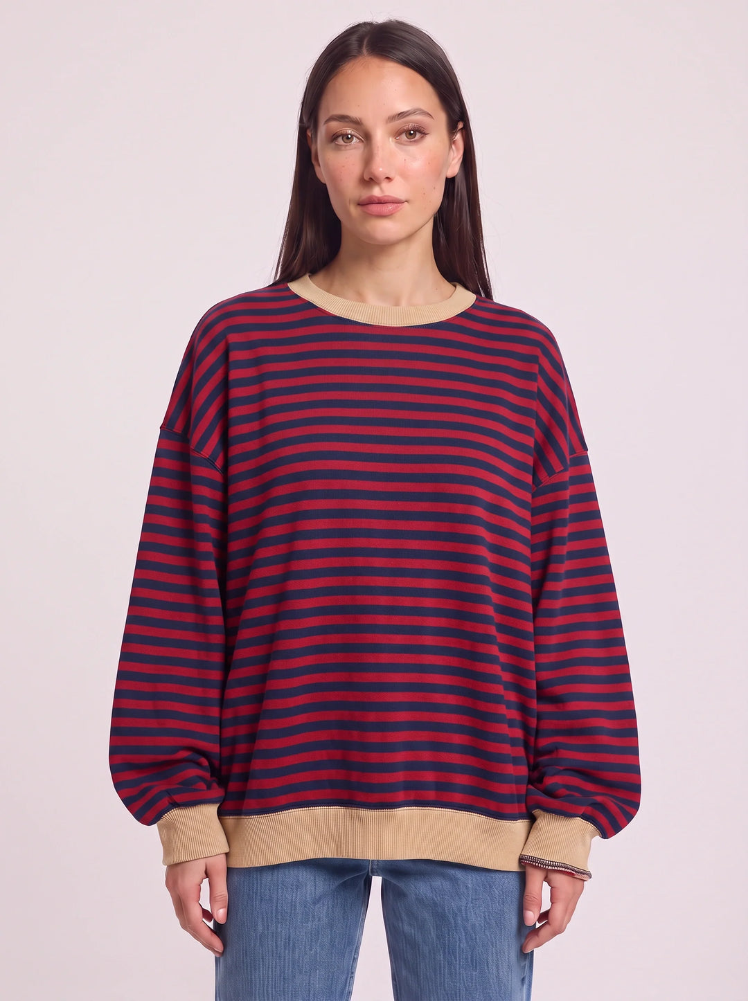 Rayet Striped Oversized Crew Neck Sweater – Women Retro Streetwear Casual Lounge Crewneck Sweatshirt