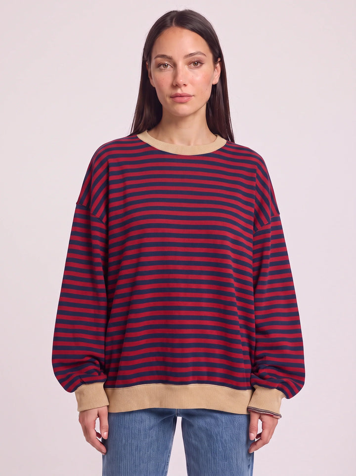 Rayet Striped Oversized Crew Neck Sweater – Women Retro Streetwear Casual Lounge Crewneck Sweatshirt