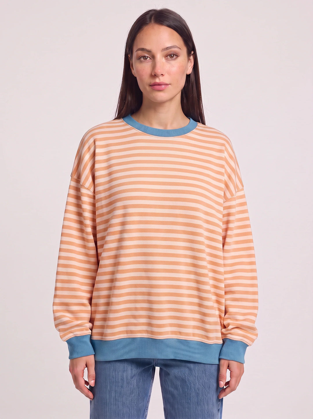 Rayet Striped Oversized Crew Neck Sweater – Women Retro Streetwear Casual Lounge Crewneck Sweatshirt
