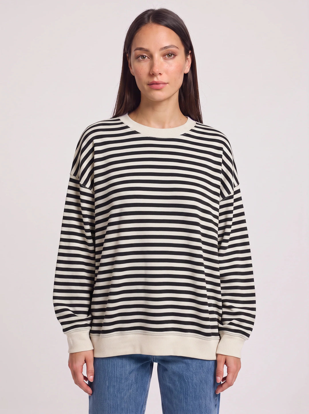 Rayet Striped Oversized Crew Neck Sweater – Women Retro Streetwear Casual Lounge Crewneck Sweatshirt