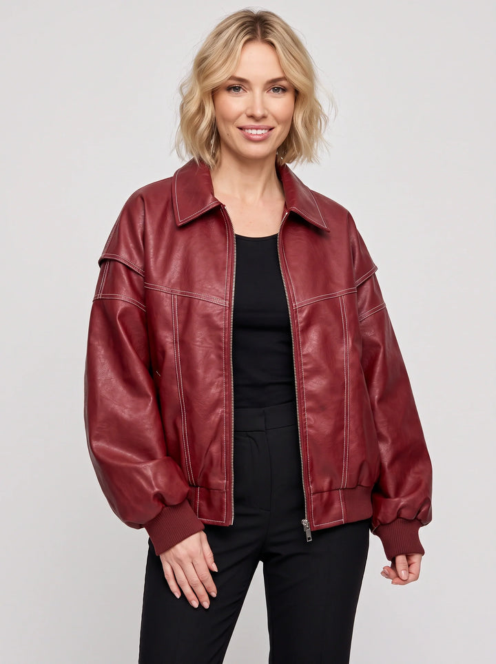 Women's Oversized Leather Bomber Jacket Streetwear Coat