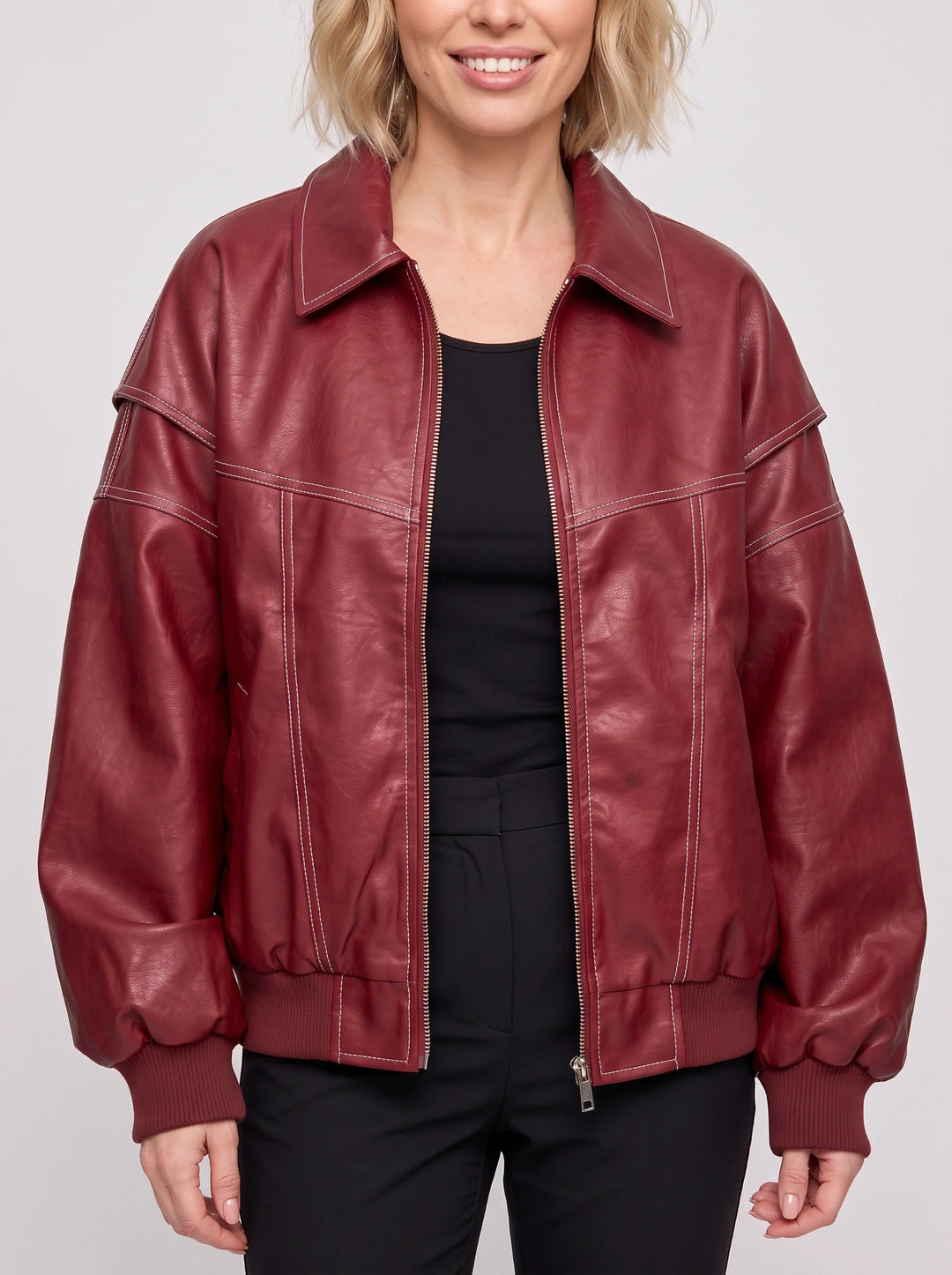 Women's Oversized Leather Bomber Jacket Streetwear Coat