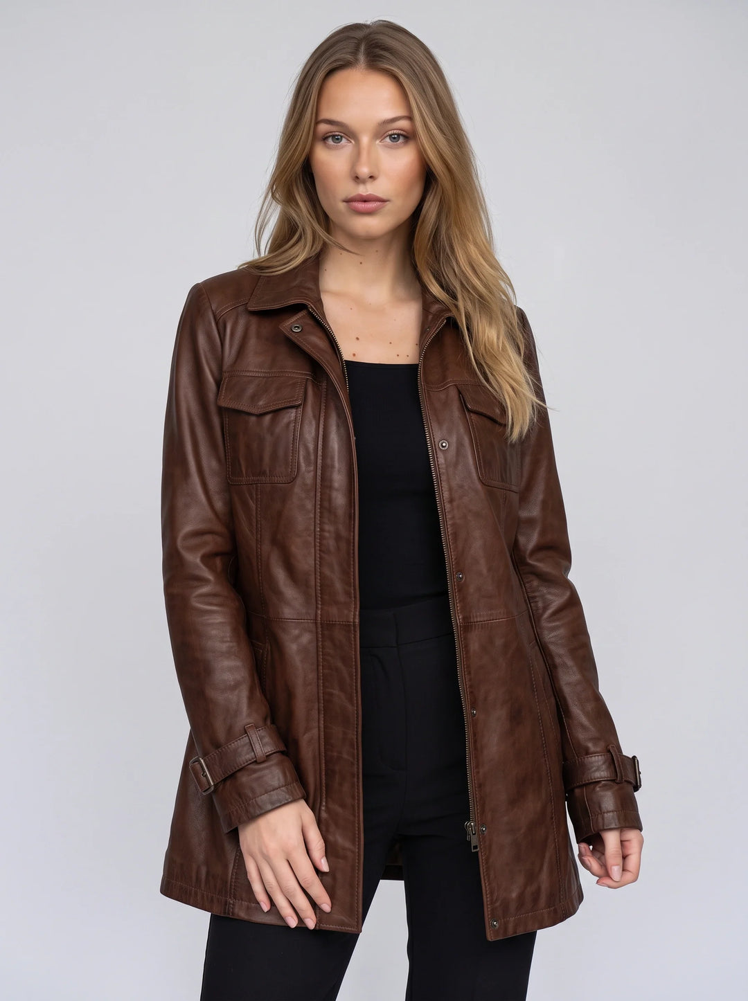 Women's Longline Leather Utility Jacket Zip Front Coat