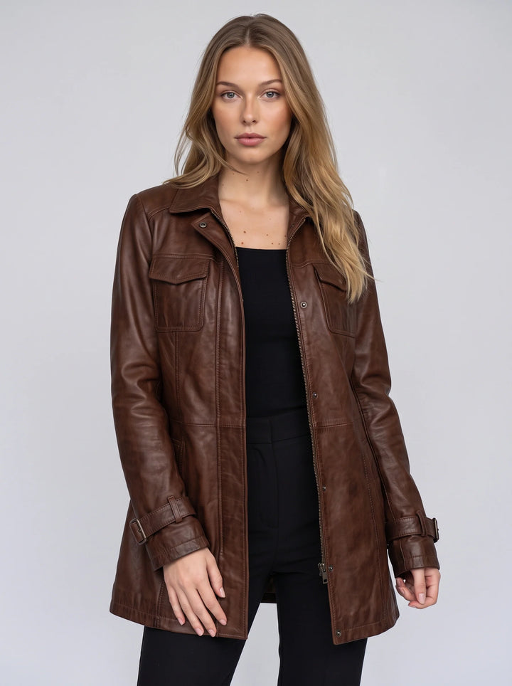 Women's Longline Leather Utility Jacket Zip Front Coat