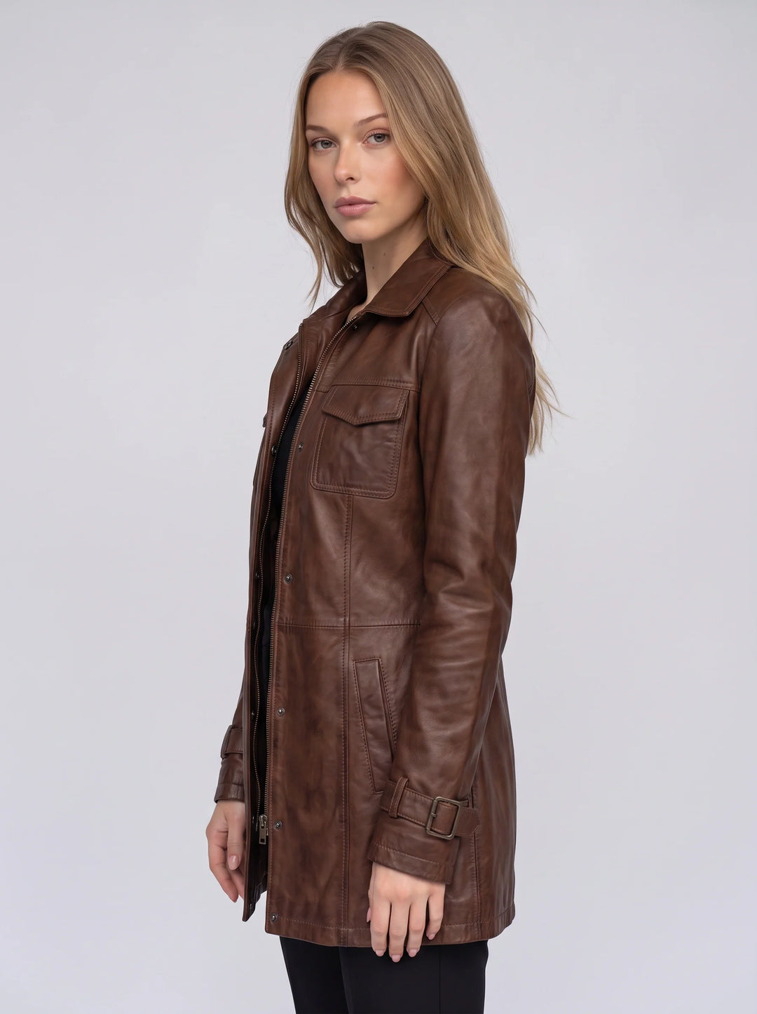 Women's Longline Leather Utility Jacket Zip Front Coat
