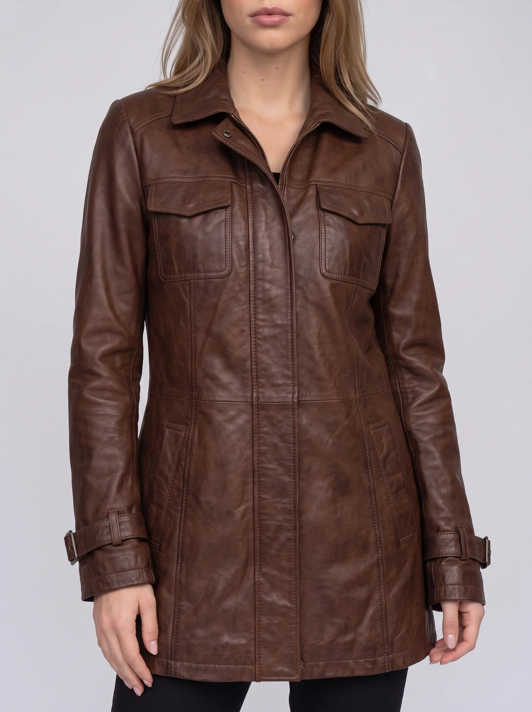 Women's Longline Leather Utility Jacket Zip Front Coat