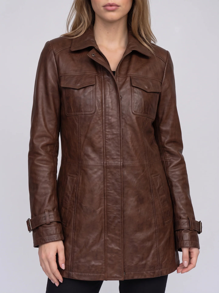 Women's Longline Leather Utility Jacket Zip Front Coat