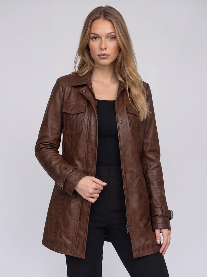 Women's Longline Leather Utility Jacket Zip Front Coat