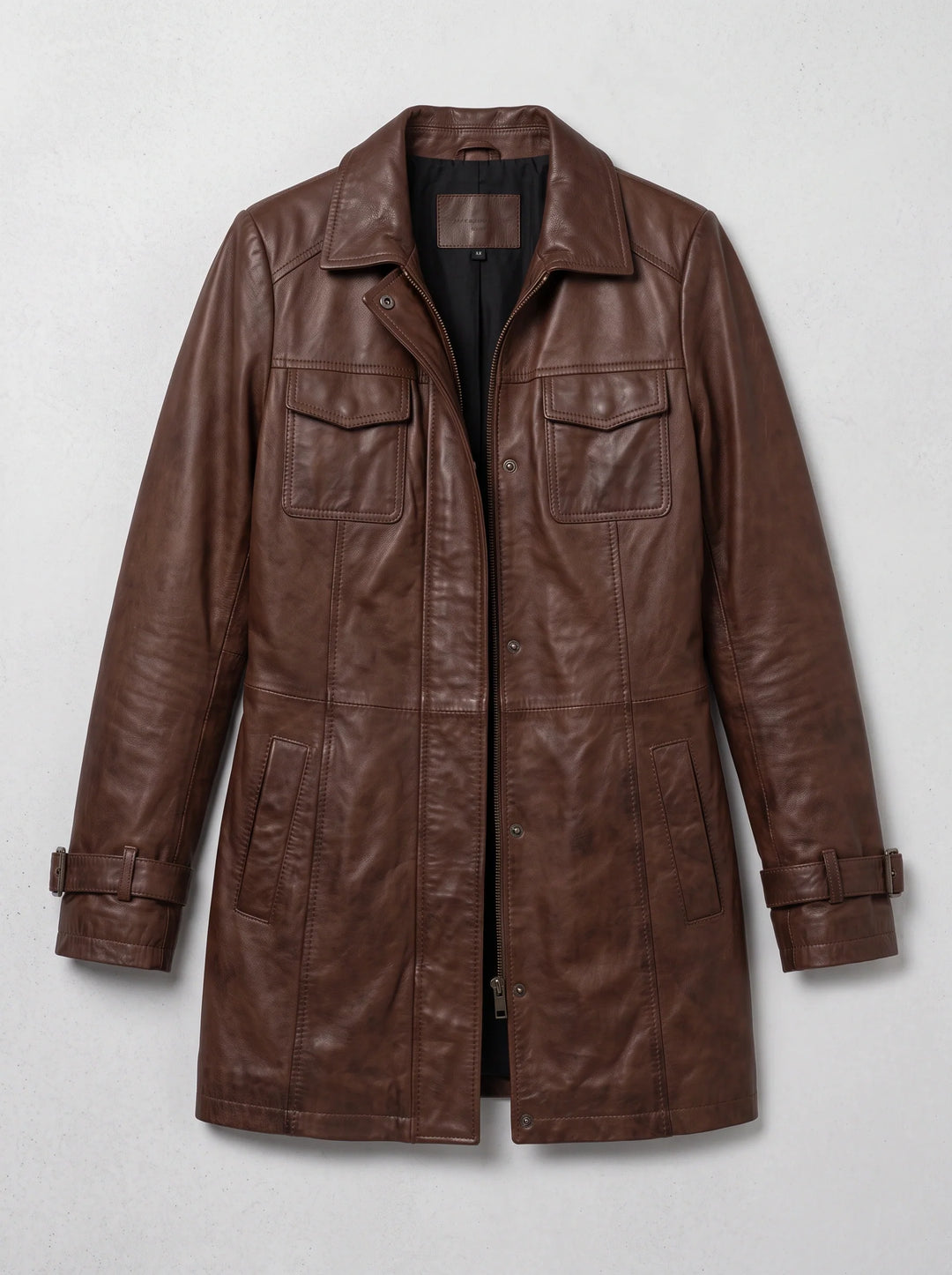 Women's Longline Leather Utility Jacket Zip Front Coat