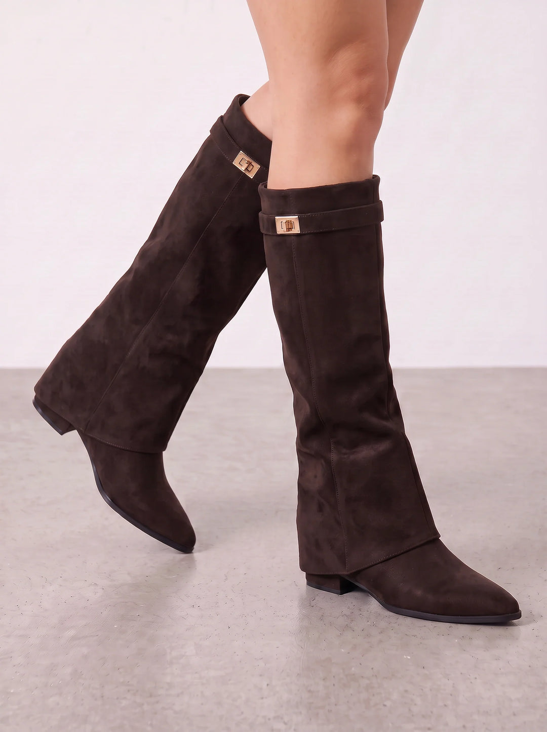 Women's Foldover Suede Knee-High Boots Low Heel