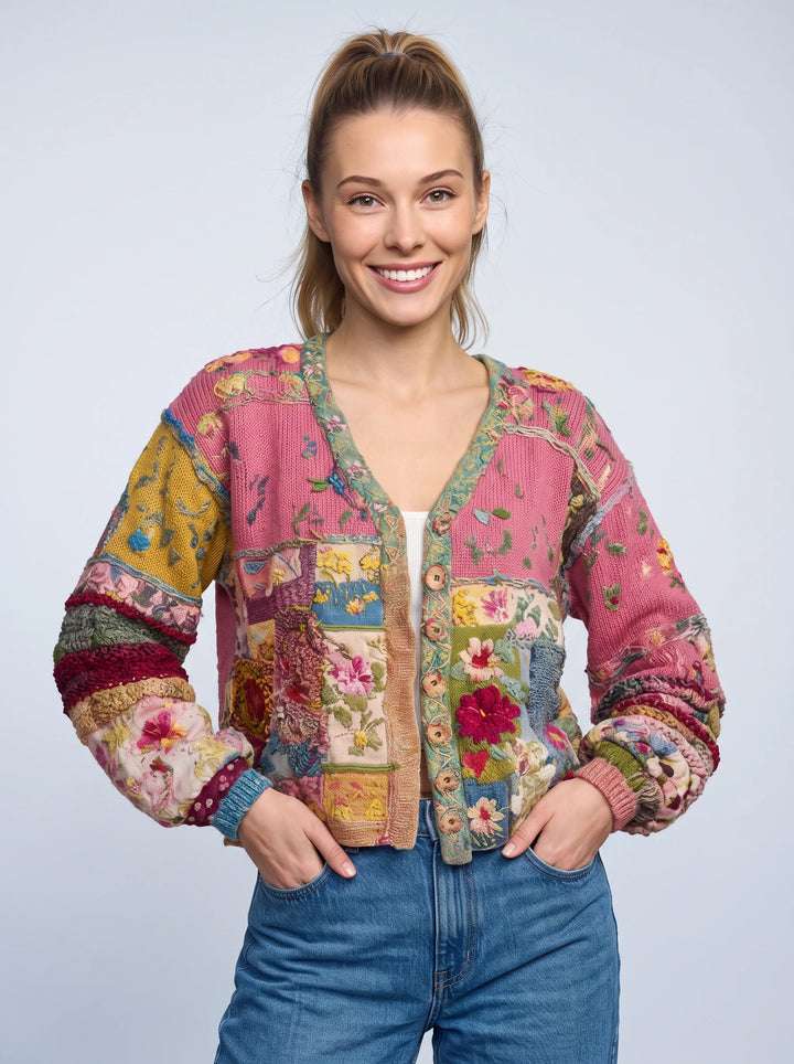Quiltwyn Patchwork Embroidered Jacket – Boho Floral Quilted Women Winter Coat Cropped Cardigan