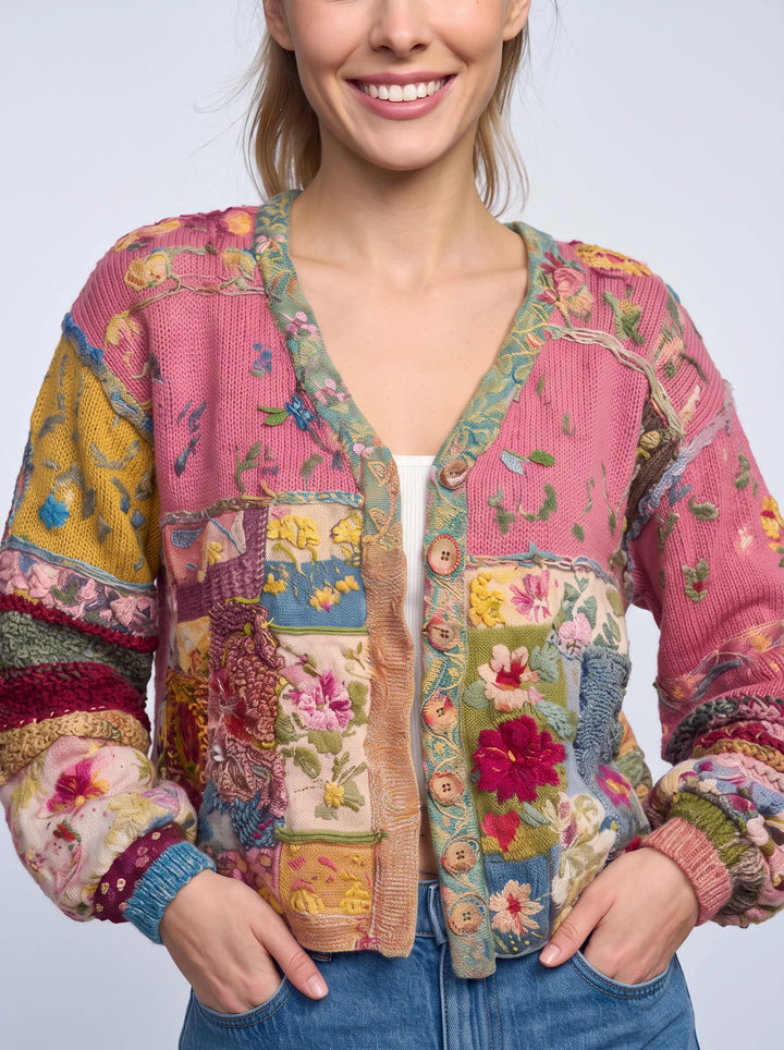 Quiltwyn Patchwork Embroidered Jacket – Boho Floral Quilted Women Winter Coat Cropped Cardigan