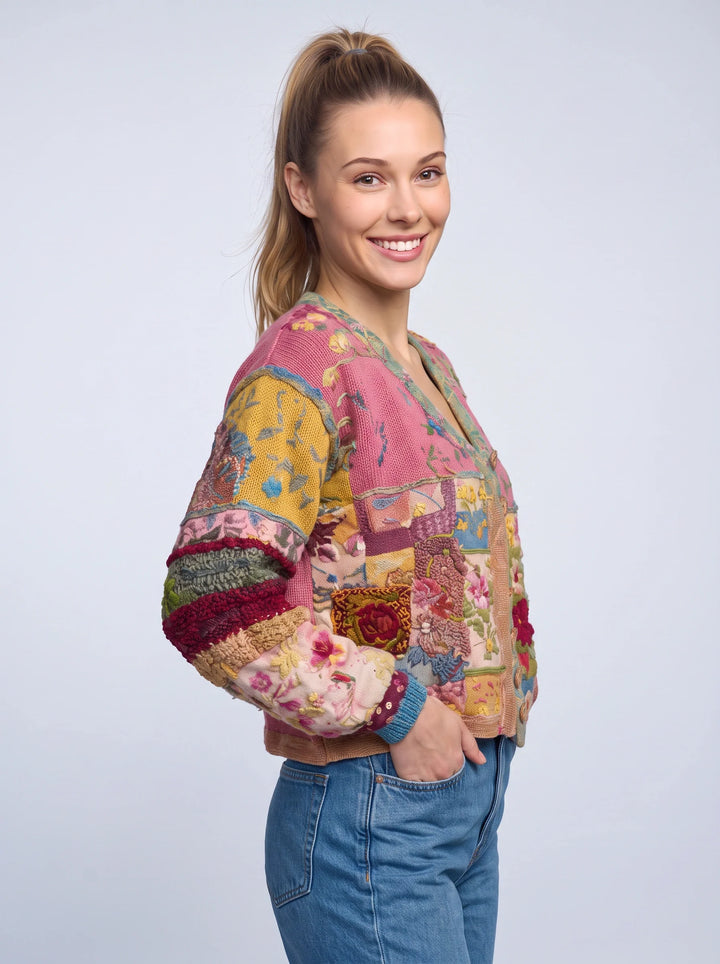 Quiltwyn Patchwork Embroidered Jacket – Boho Floral Quilted Women Winter Coat Cropped Cardigan