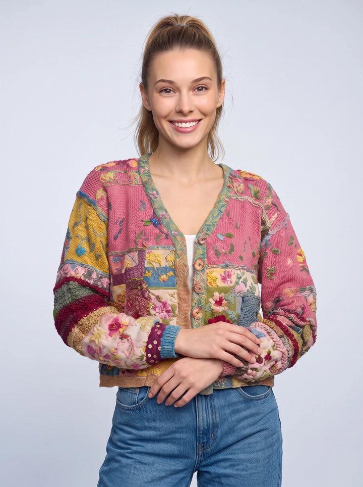Quiltwyn Patchwork Embroidered Jacket – Boho Floral Quilted Women Winter Coat Cropped Cardigan