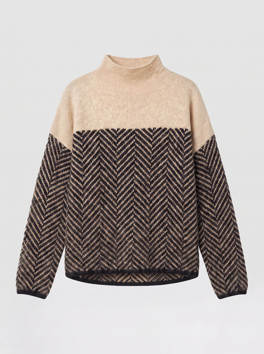 Chevrin Colorblock Mock Neck Sweater – Women Oversized Turtleneck Knit Chevron Pattern Winter Pullover Top