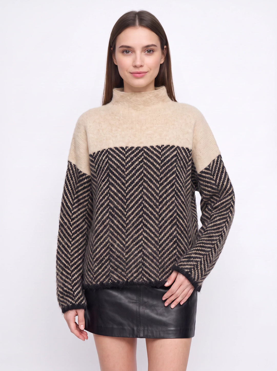 Chevrin Colorblock Mock Neck Sweater – Women Oversized Turtleneck Knit Chevron Pattern Winter Pullover Top