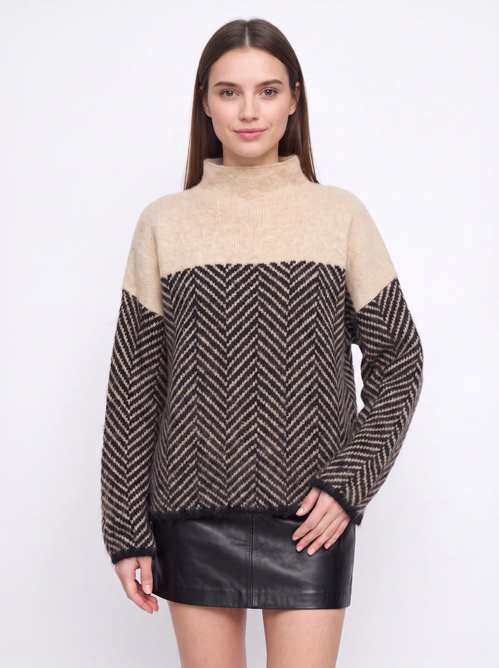 Chevrin Colorblock Mock Neck Sweater – Women Oversized Turtleneck Knit Chevron Pattern Winter Pullover Top