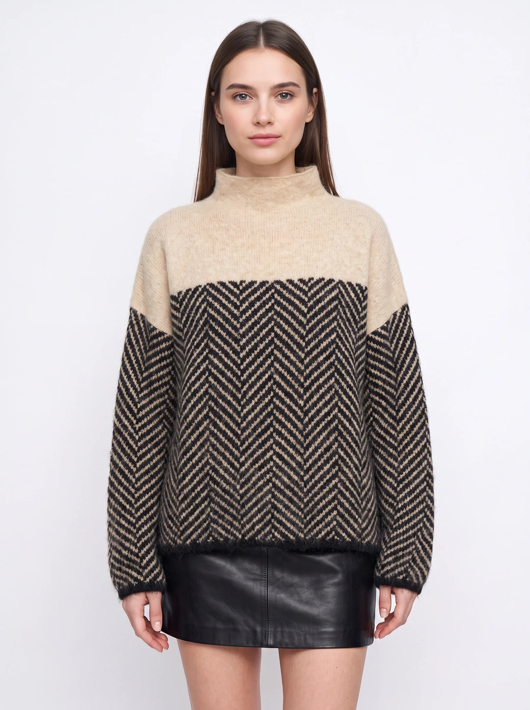 Chevrin Colorblock Mock Neck Sweater – Women Oversized Turtleneck Knit Chevron Pattern Winter Pullover Top
