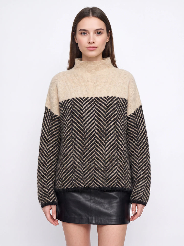 Chevrin Colorblock Mock Neck Sweater – Women Oversized Turtleneck Knit Chevron Pattern Winter Pullover Top
