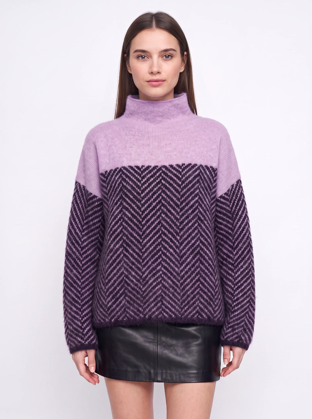 Chevrin Colorblock Mock Neck Sweater – Women Oversized Turtleneck Knit Chevron Pattern Winter Pullover Top