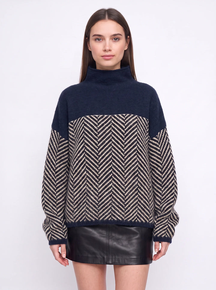 Chevrin Colorblock Mock Neck Sweater – Women Oversized Turtleneck Knit Chevron Pattern Winter Pullover Top