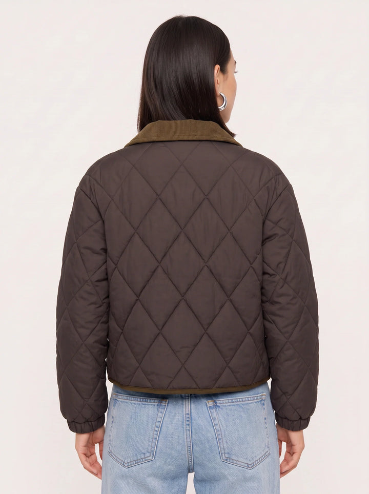 Quiltrend Diamond Quilted Cropped Puffer Jacket – Women Corduroy Collar Winter Outerwear Casual Streetwear Coat