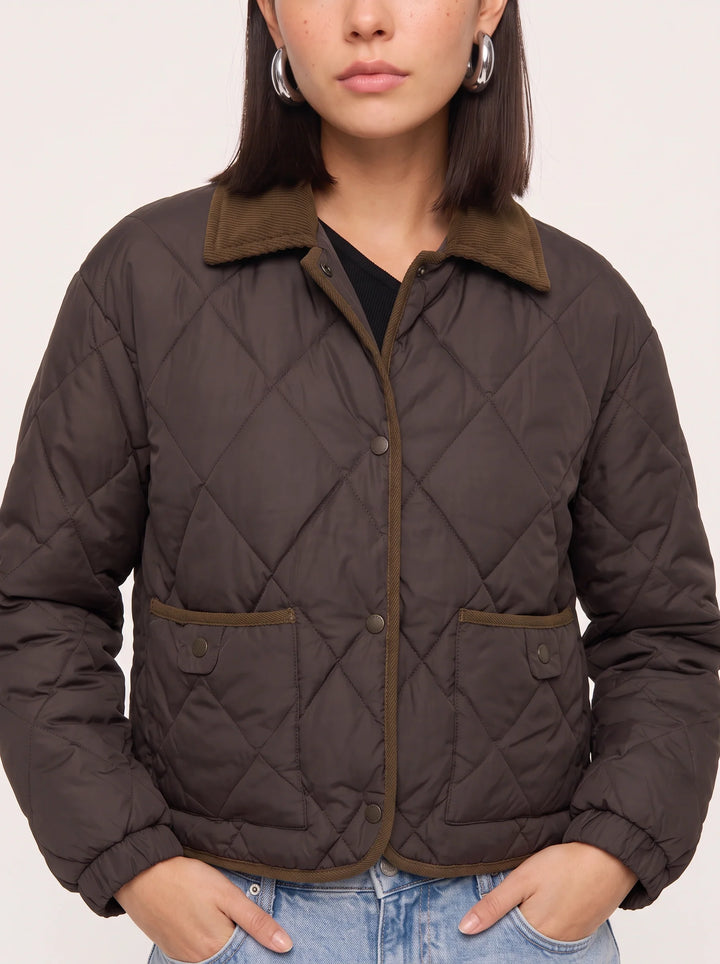 Quiltrend Diamond Quilted Cropped Puffer Jacket – Women Corduroy Collar Winter Outerwear Casual Streetwear Coat